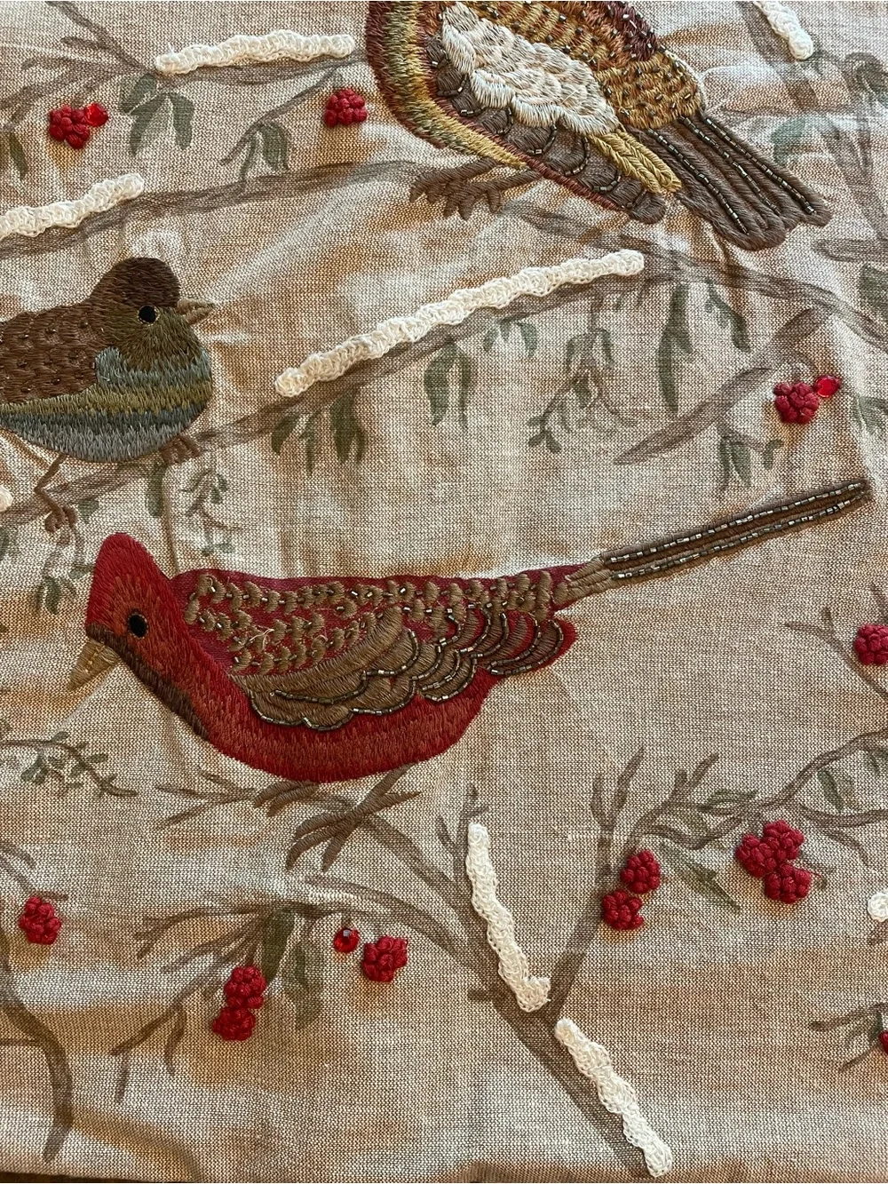 Pottery Barn Embroidered Winter Birds on Branch Cotton Pillow Cover 24” x 24”
